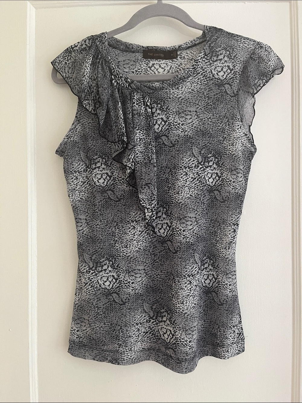The Limited Sheer Stretch Mesh Asymmetrical Ruffle Blouse / Top Size M